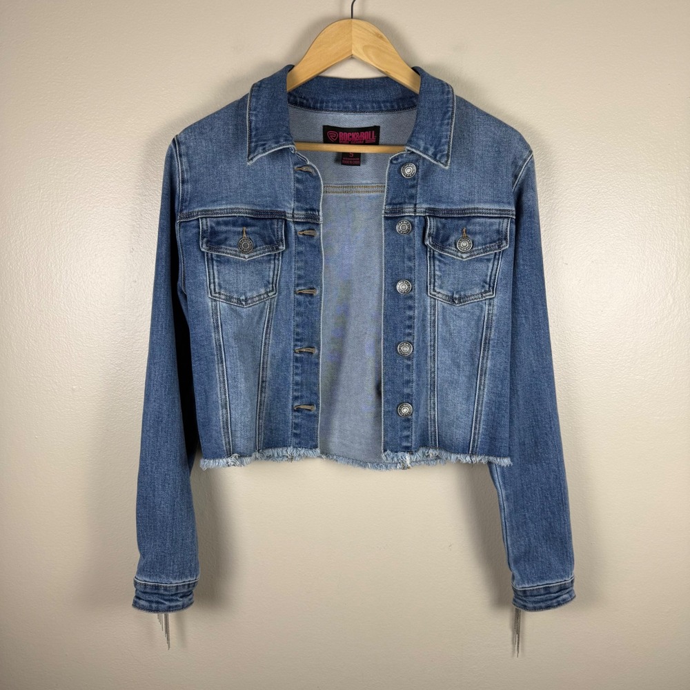Rock & Roll Denim Women's S Jacket Blue Chain Fringe Cropped Raw Hem Western